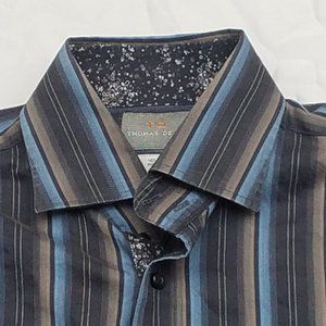 Thomas Dean Button Up Shirt Sz L Long Sleeve Flip Cuff Brown Blue Stripe